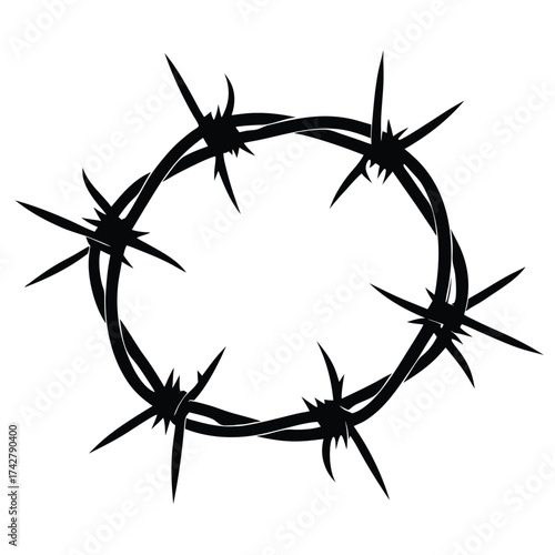 Dark barbed wire wreath creates a striking silhouette against the white background