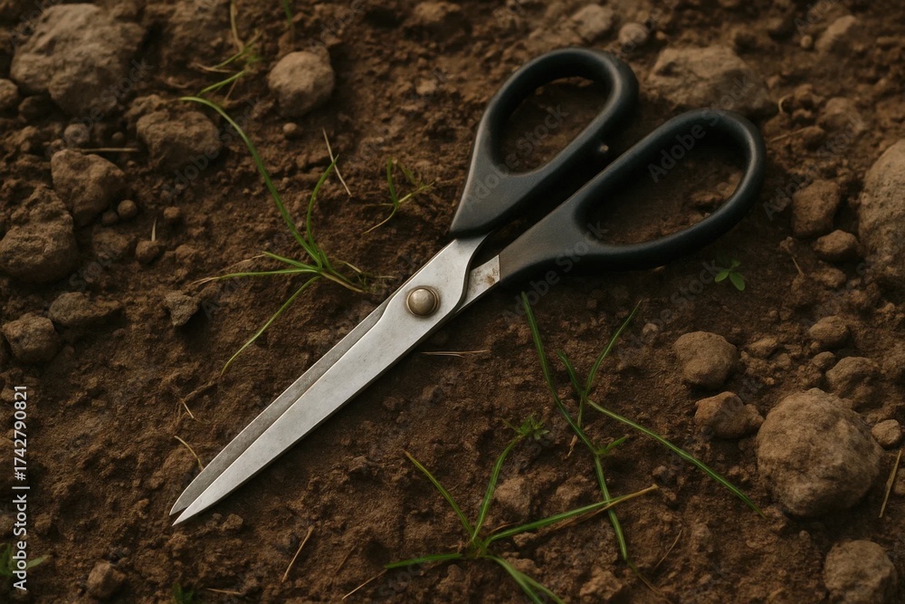 Obraz premium A pair of scissors rests on a patch of earth, symbolizing the delicate balance between human intervention and natural growth