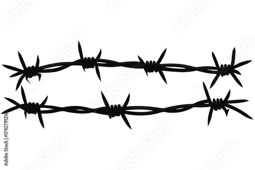 Two strands of barbed wire present menacing sharp spikes against a white backdrop