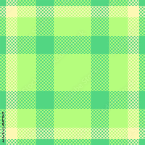 National check tartan textile, cut out vector background texture. Dining room plaid fabric seamless pattern in green and light colors.