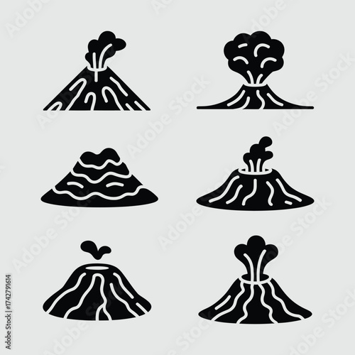 Set of six stylized vector illustrations of erupting volcano icons in black eps format vector