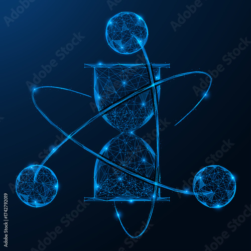 Atomic clocks. An hourglass around which three spheres rotate, connected by orbital lines, like an atom. The concept of intersection of concepts of time, science and energy.