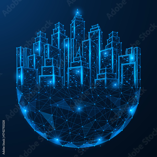 The planet of digital cities. Houses growing out of a hemisphere assembled from network connections.  The concept of digital transformation, future technologies and global connectivity.