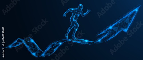 Striving for success. A man runs along a large arrow pointing upwards. The concept symbolizes growth, career achievements, motivation, leadership and commitment.