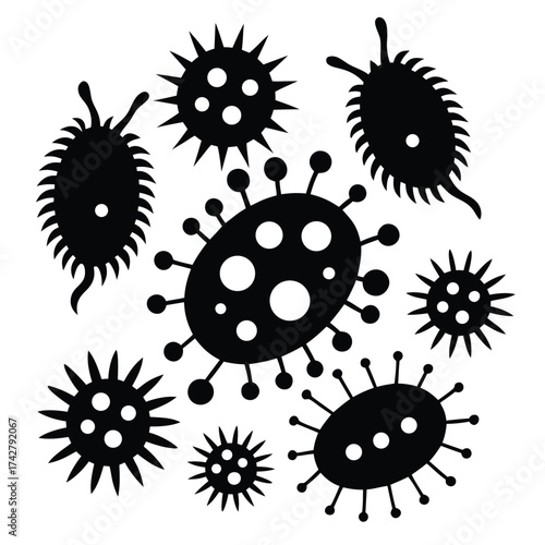 Collection of diverse black virus shapes displayed on a white surface is the visual