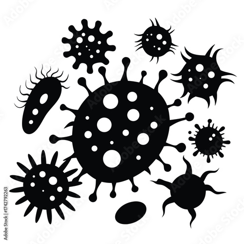 Collection of stylized black viruses with distinct shapes and spikes, arranged on a white background