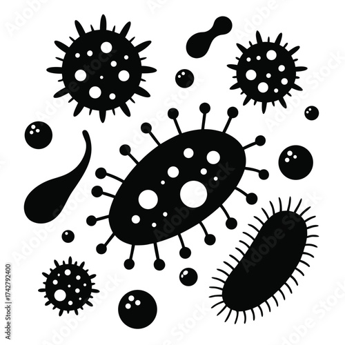 Microscopic germs and bacteria collection are displayed against a stark white backdrop in this artful composition