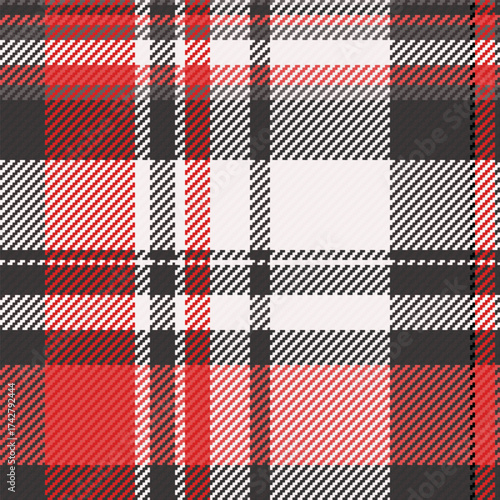 Classic woven plaid pattern featuring red, black and neutral tones. Useful for backgrounds, textiles, fashion,  designs needing a traditional or retro aesthetic.