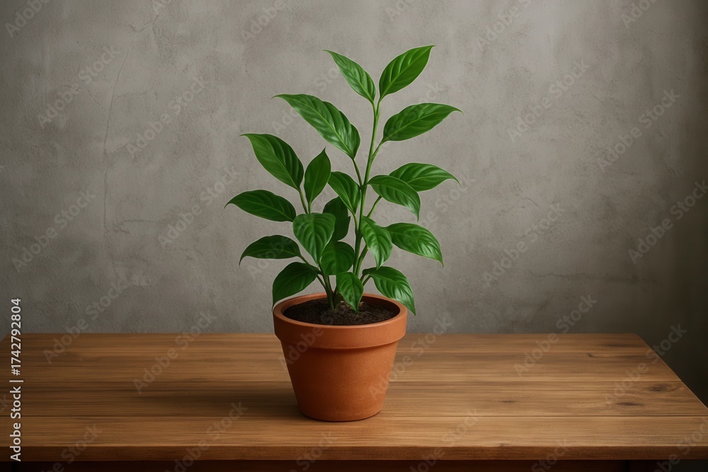 Fototapeta premium A lush green plant thrives in its terracotta pot on a wooden table against a textured gray wall