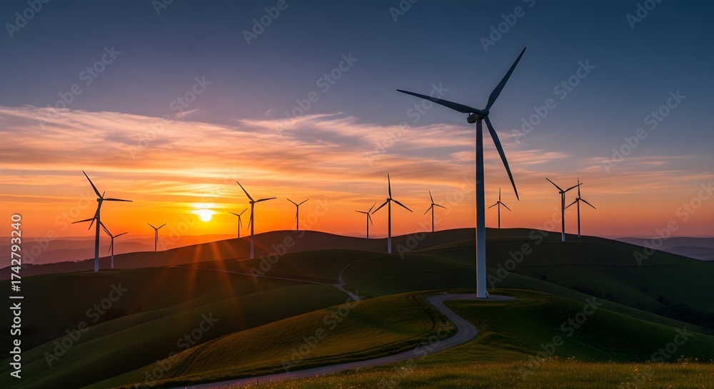 Obraz premium Majestic wind turbines gracefully spin against a vibrant sunset sky illuminating rolling green hills a symbol of renewable energy innovation