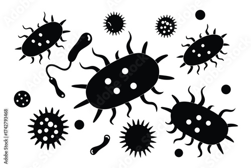 Several stylized black microorganisms with varying shapes and surface textures populate a stark white background