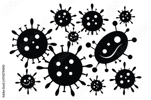 Many stylized black viruses display different sizes and shapes scattered on a white backdrop