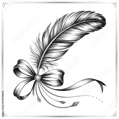Elegant black and white pencil sketch of a feather tied with a ribbon bow vector illustration vector