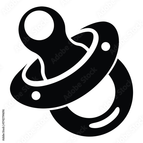 Simple silhouette displays a black pacifier for infants on a white backdrop