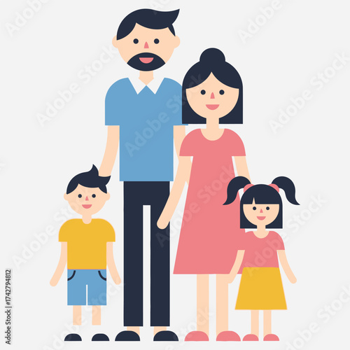 Happy family of four featuring parents and two children, a boy and a girl, standing together in a charming, flat illustration, symbolizing unity and connection