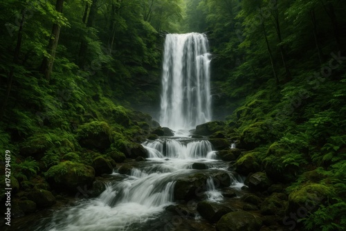 A Serene Waterfall Cascade Through a Lush Forest