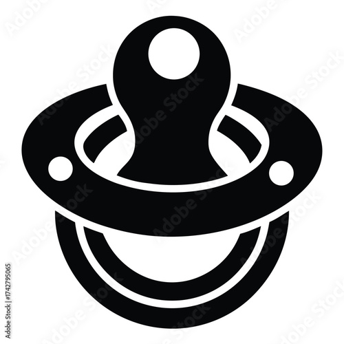 Black silhouette baby pacifier icon with curved guard and handle, offering comfort