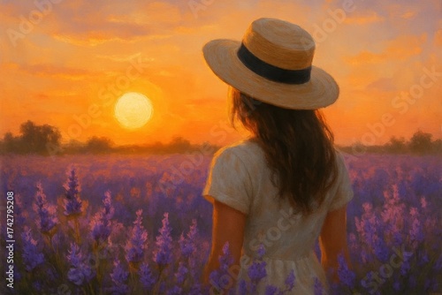 A Lone Woman in a Field of Purple Blooms at Sunset