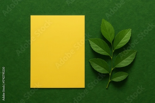 A Study in Contrast - Yellow Paper and Green Leaf on a Textured Green Background