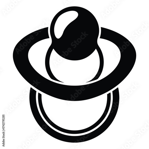 An isolated black baby pacifier with a simple curved minimalist shape displayed over a white background