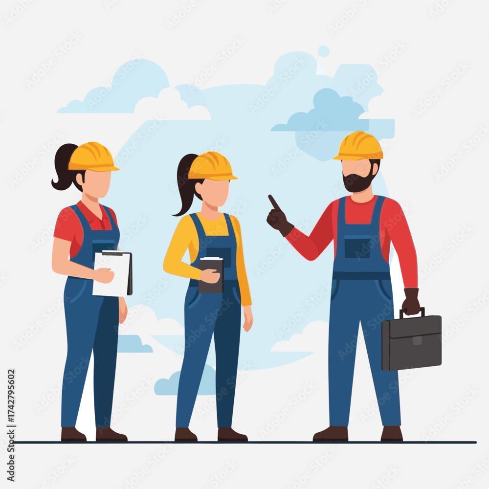 Obraz premium Diverse team of construction workers and engineers collaborating on a project, discussing plans and management strategies on a modern job site with professional guidance