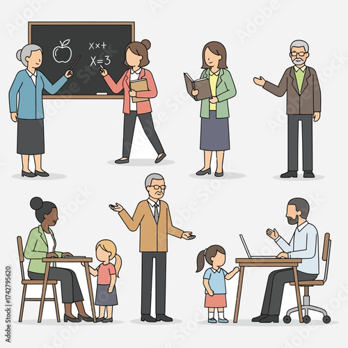 Diverse Group of Educators and Students Engaged in Learning, Tutoring, and Classroom Activities – Illustrating Educational Support and Knowledge Transfer