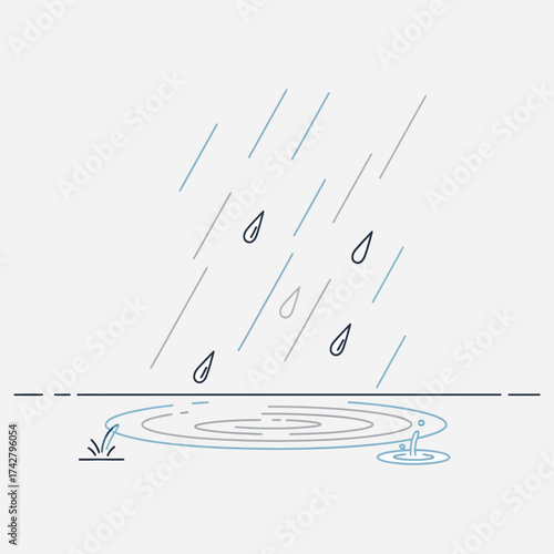 Rainy Day Minimalist Vector Illustration of a Rain Puddle and Raindrops
