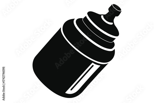 Black baby bottle with white decorative lines is leaning on the right side