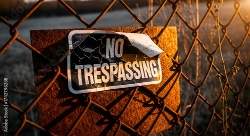 Weathered Warning Sign: Depicting Forbidden Zones, Privacy, And Private Property, Rusting Fence