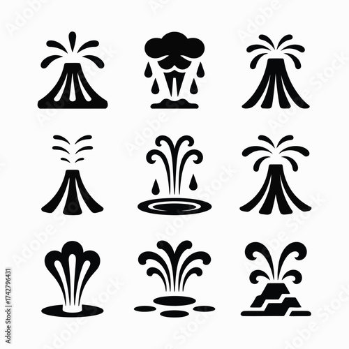 Set of nine scalable vector graphics icons representing different types of eruptions and fountains vector