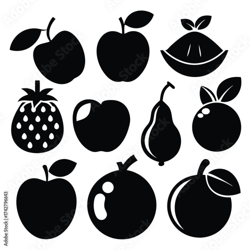 Black silhouettes of various fruits like apples, oranges, pear and strawberry are displayed