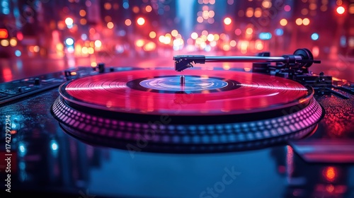 Nightclub DJ turntable with red vinyl spinning. City lights blurred in background