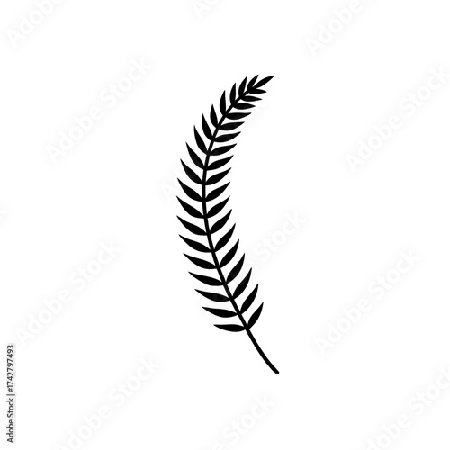 A simple black curved fern like leaf shape silhouette