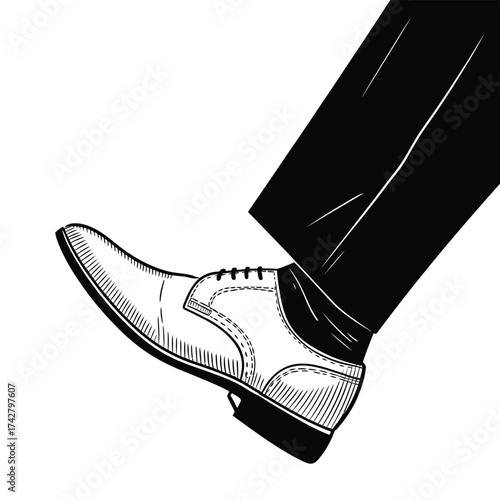 Elegant black and white line drawing illustration of a person's leg in dress pants and shoe vector