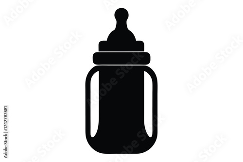 Isolated black drawing depicts a classic feeding bottle design for infants and newborns