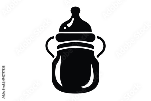 Solid black baby bottle icon displays curved handles and classic nipple shape