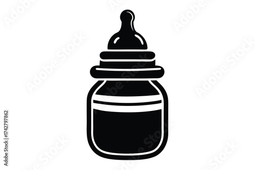 Black baby bottle icon featuring rounded form and a shiny nipple is prominently displayed