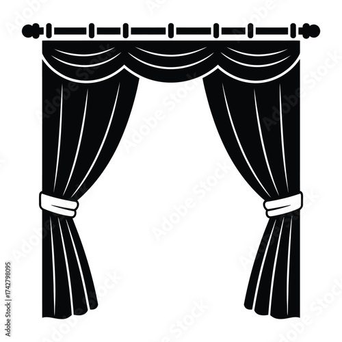 Elegant black silhouette illustration of draped curtains with tiebacks vector graphic for interior design and decor vector