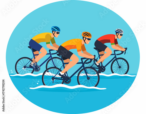 Illustration of three cyclists riding bicycles in a line on water with a blue background.