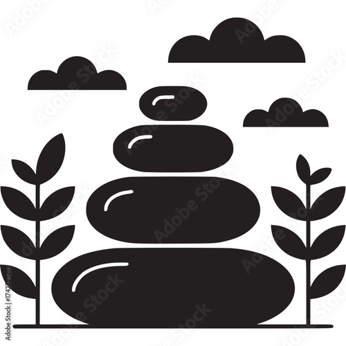 Vector art of zen stones stacked with plants and clouds
