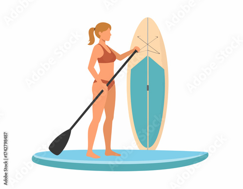 Woman in bikini standing on paddleboard with paddle and surfboard on water in flat illustration style