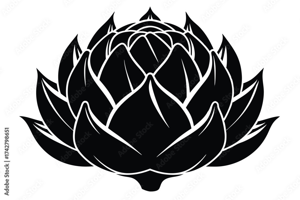 Obraz premium Black artichoke flower silhouette showcases the intricate petal layers against a white backdrop