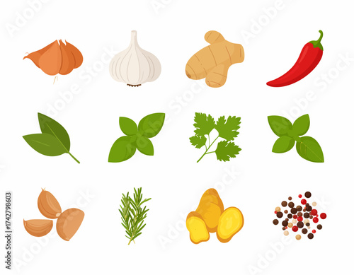 Flat lay of various herbs and spices on a white background including chili pepper, garlic, ginger, and leaves