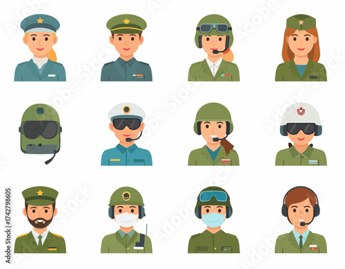 Illustration of various military and emergency service personnel in uniform with different headgear against a clean white background