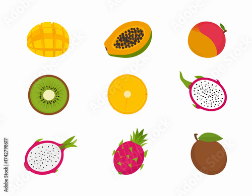 Flat lay illustration of various colorful fruits including mango, papaya, peach, kiwi, orange, dragon fruit, strawberry, and coconut on white background