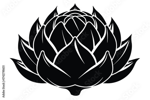 Black artichoke flower silhouette showcases the intricate petal layers against a white backdrop