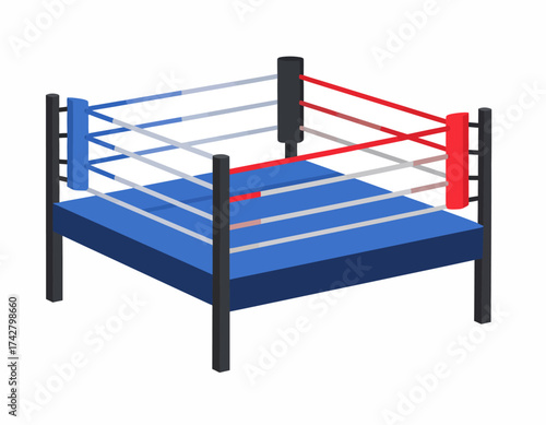 Illustration of a blue wrestling ring with red, white, and blue ropes and black posts on a white background