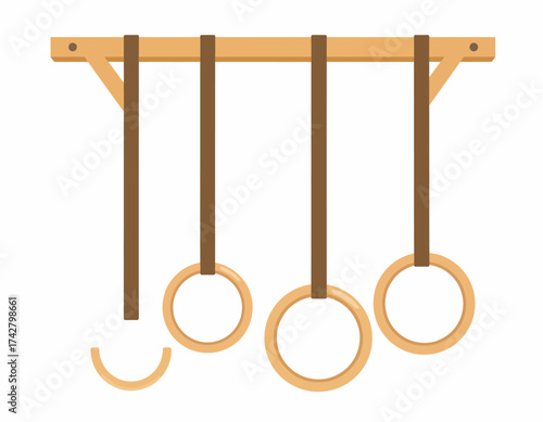 Four wooden gymnastics rings hang from a sturdy wooden beam with one ring lying broken on the ground in a clean white space