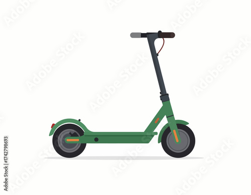 Green electric scooter with black handlebar and wheels on a white background