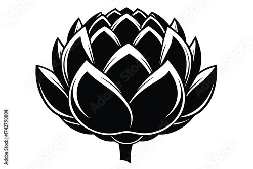 Symmetrical artichoke bud reveals sharp petal edges in a high contrast botanical silhouette